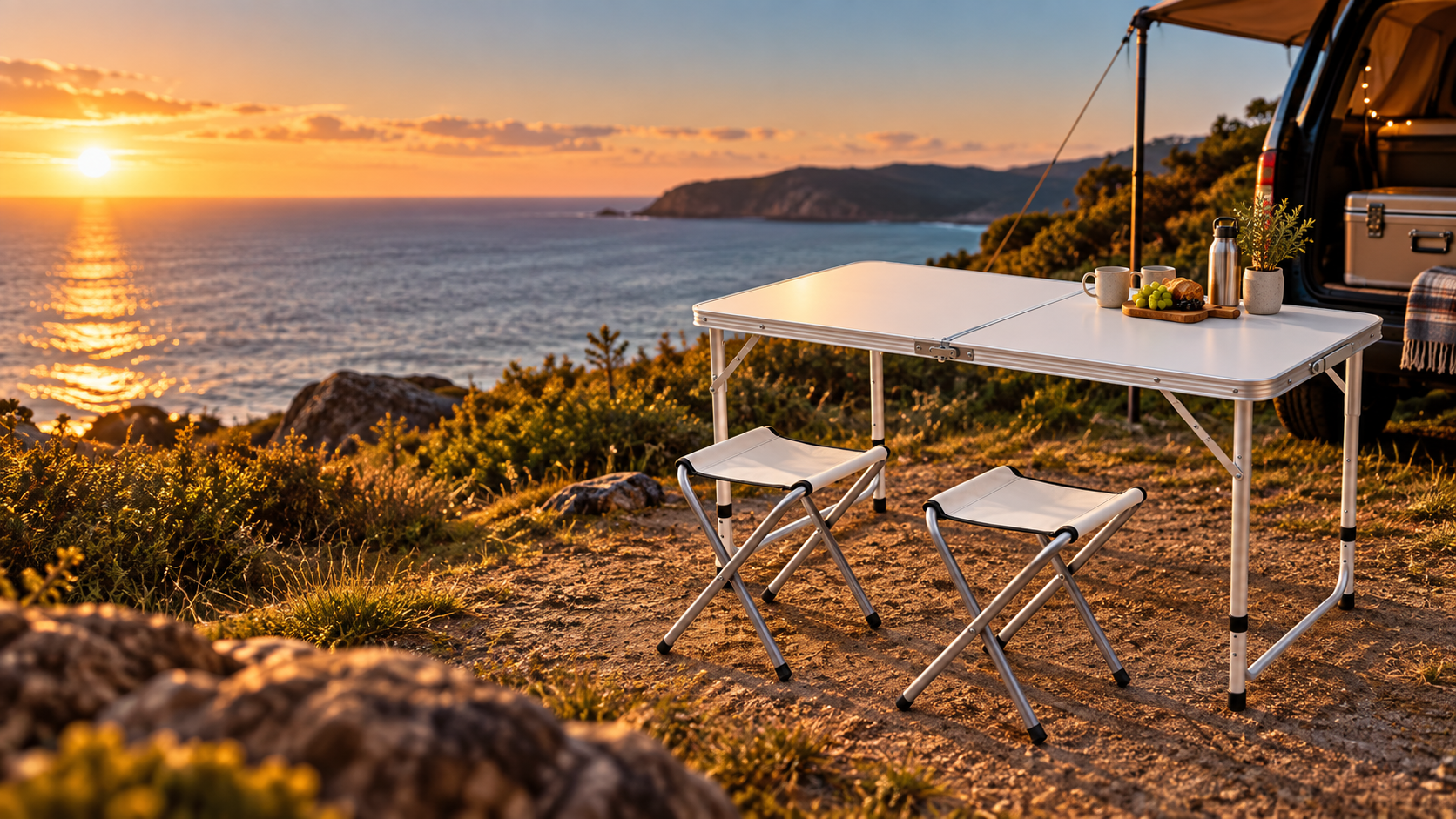 CHUNHAI white folding table set at a coastal campsite