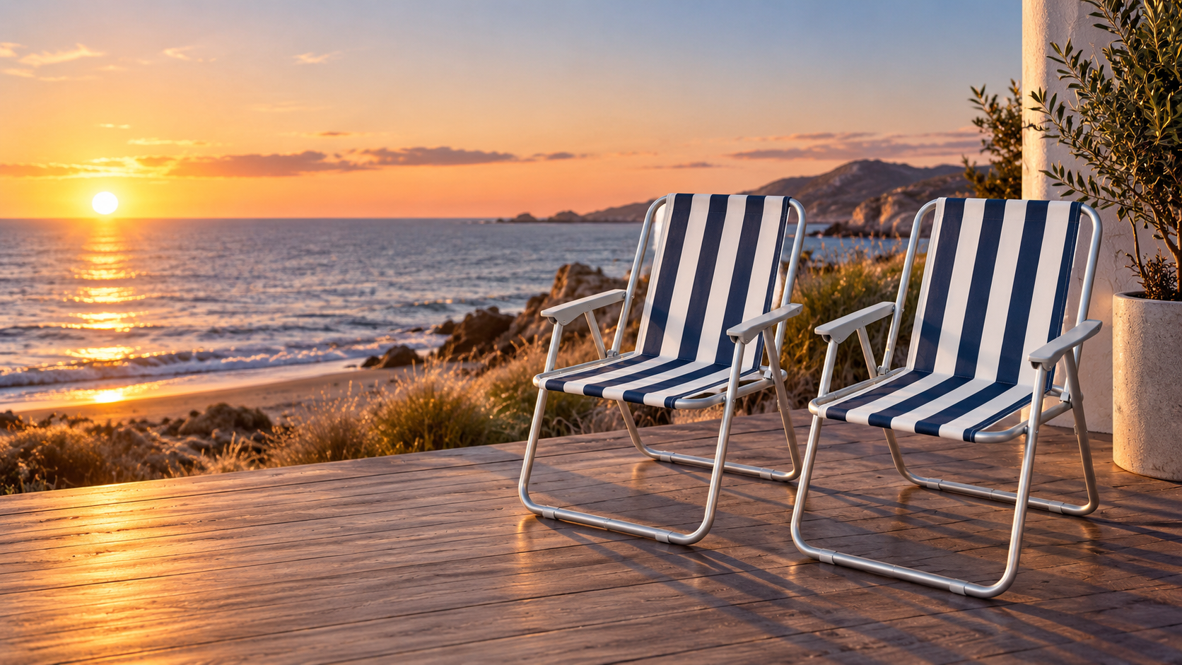 CHUNHAI striped beach chairs at sunrise