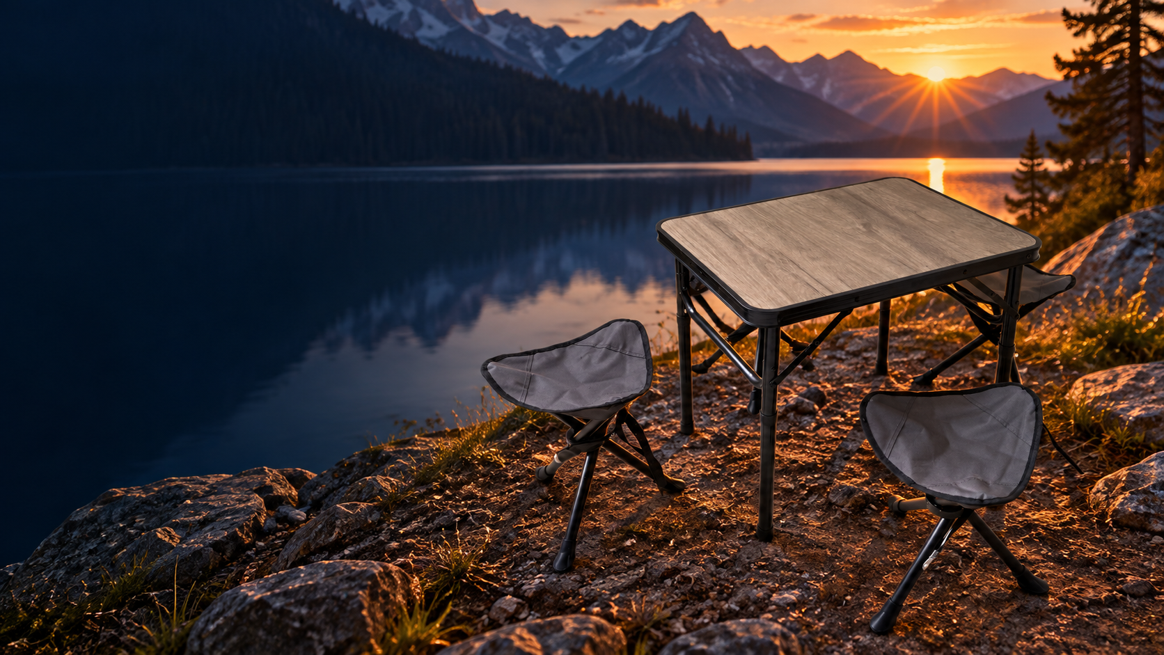 Premium folding table and chairs by a mountain lake